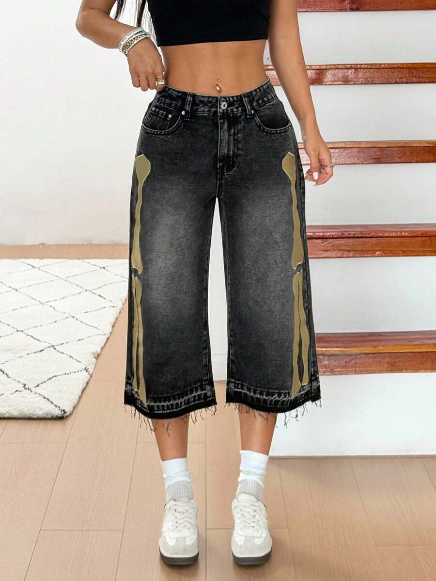 INAWLY INAWLY Women's Casual Washed Embroidered Capri Denim Jeans - Dark Grey - View 1