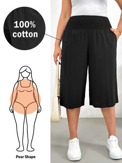 SHEIN Essnce Plus Size Women's Spring And Summer Fashion Casual Loose Comfortable Cool Breathable Daily Black Linen Shorts Wide Leg Pants,Women Bottom,Simple Style,Baggy Pants,Linen Pants Women,Vacation Outfits