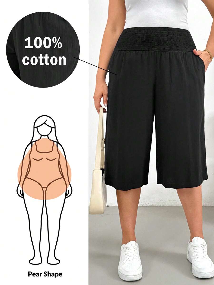 SHEIN Essnce 大码女装春夏时尚休闲宽松舒适凉爽透气日常黑色亚麻短裤阔腿裤，女式下装，简约风格，宽松裤，亚麻裤女，度假装 - 黑色 - 查看 1