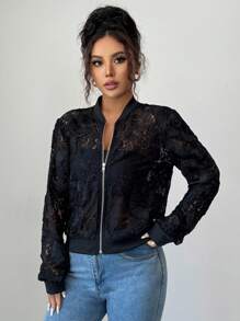 Elenzga Chaqueta de encaje de unicolor elegante para mujer, ideal para el transporte - Negro - Ver 7