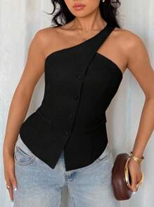 Glamine Áo khoác vest nữ không tay màu mơ thời trang, thường ngày đa năng, áo một vai màu đen mùa hè, áo đen nữ, áo bất đối xứng, áo nịt ngực màu đen cho nữ, áo nịt ngực một vai cho nữ, áo nịt ngực màu đen cho nữ - màu đen - Xem 6