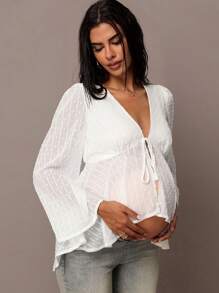 MaterniChic Fall Women Clothes V-Neck Bowknot Decor Maternity Blouse Going Out Tops Women - White - View 6