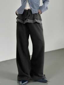 女士格子拼接抽绳腰喇叭休闲裤 - 黑色 - 查看 2