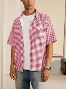 Manfinity Hypemode Men's Casual Plaid Front Button Loose Short Sleeve Shirt, Summer - Red and White - View 6