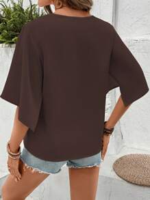 SHEIN LUNE Women's Solid Color V-Neck Ruffle Sleeve Loose Casual Blouse - Coffee Brown - View 2