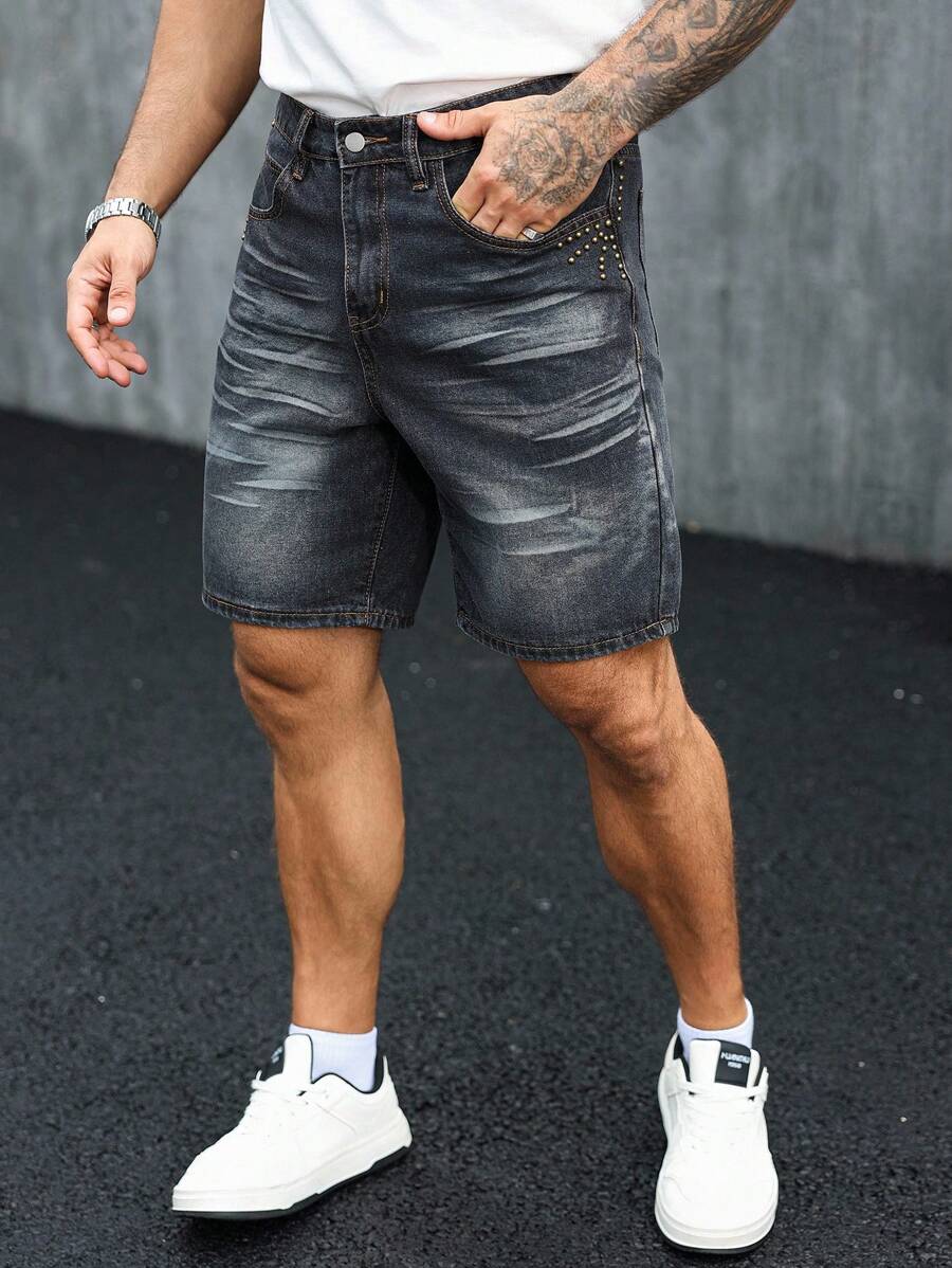 Manfinity LEGND Shorts Denim Lavada Casual Masculina para Verão - Cinza - Visão 1