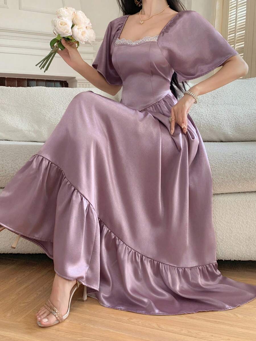 DAZY 女士蕾丝拼接中长连衣裙，荷叶边袖口和系带腰身，优雅夏季女装 - 紫色 - 查看 1