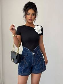 Elenzga New Arrival Elegant Rhinestone Decor Casual Non-Stretch Woven Women's Denim Shorts, Spring/Summer - Dark Wash - View 3