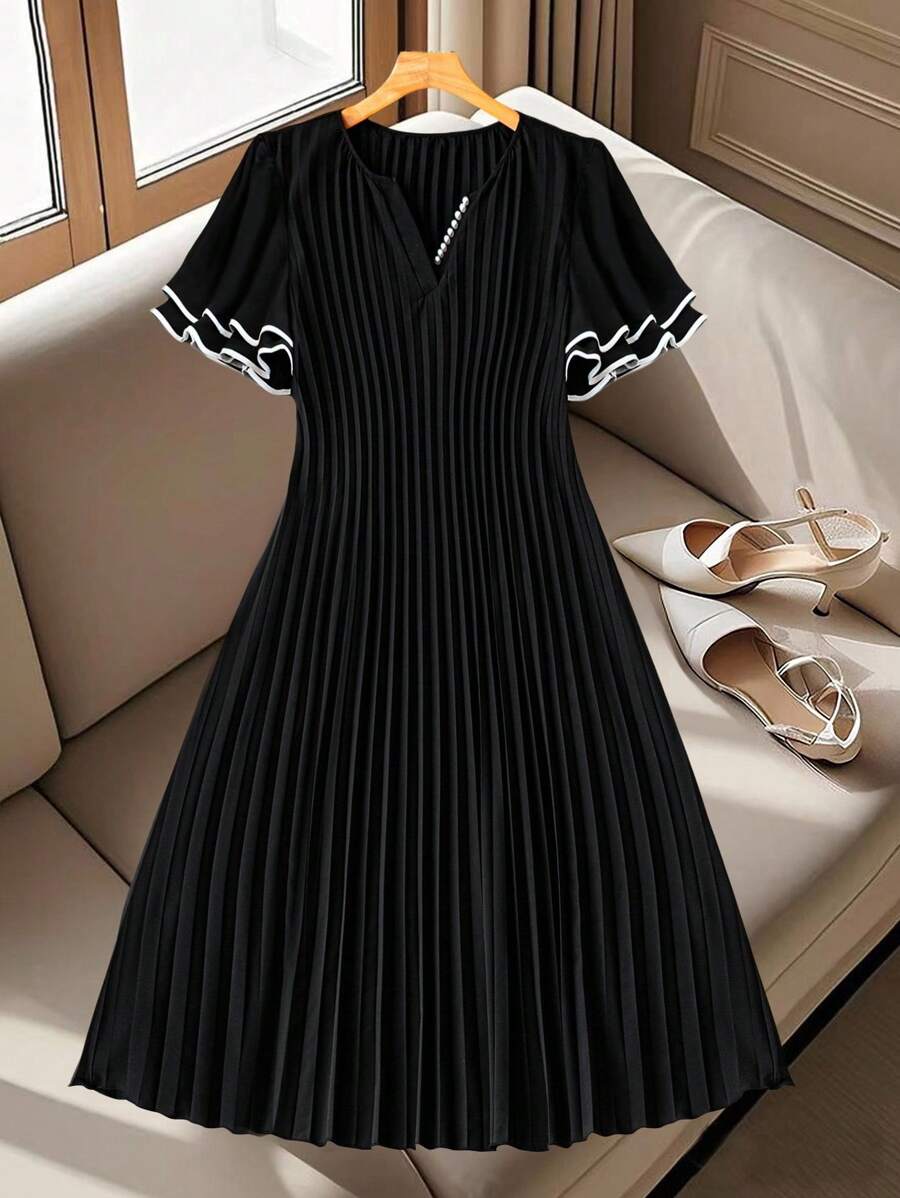 DreamSkyne Váy xếp ly sọc thanh lịch mùa hè cho nữ cỡ lớn - màu đen - Xem 1