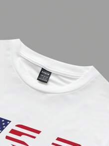 SHEIN ICON 7月4日独立日休闲简约国旗图案圆领短袖修身短款女式T恤上衣 - 白色 - 查看 3