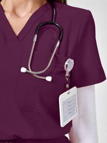 TaskEZ Solid Color V-Neck Short Sleeve Top And Pants, Scrub Uniform Set - Burgundy - View 8