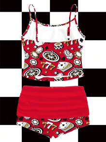 Shutterstock Y2Kool 2pcs Women Summer Digital Print Camisole Top And Ruffle Shorts Casual Set - Red - View 2