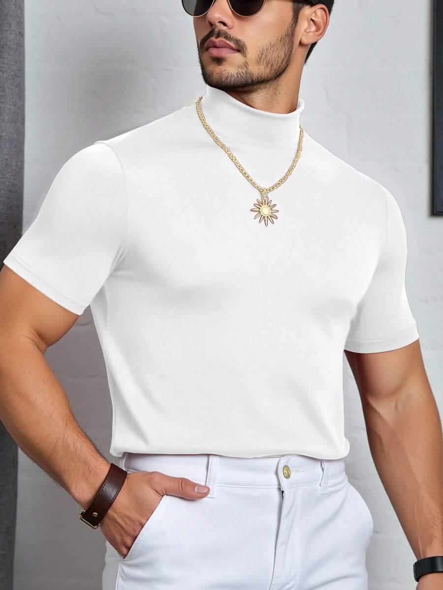 Manfinity Dauomo Men's Solid Color Stand Collar Short Sleeve T-Shirt, Summer, Fall - White - View 1