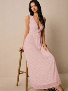 Poéselle Women's Sexy V-Neck Polka Dot Print Long Dress, Summer - Baby Pink - View 8