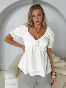 Roylia 女式心形领口蕾丝拼布层叠荷叶边下摆短袖衬衫/夏季假日衬衫