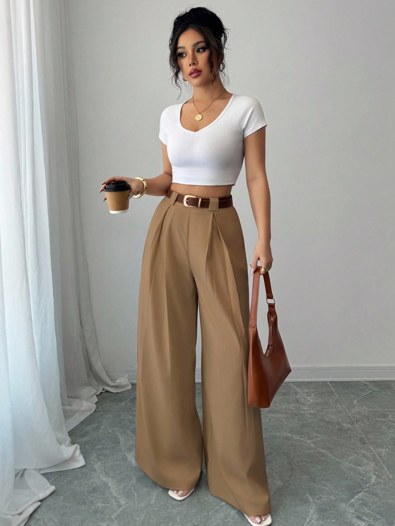 Elenzga سروال مرتفع الخصر بلون المشمش الصلب ، طراز...