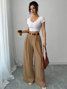 Elenzga New Spring/Summer High-Waist Solid Apricot Color Culottes, Elegant Style Suitable For Daily And Work Wear, Graduation, Vintage Music Festivals, Derby Races, Independence Day Fall Cloth For Women - Brown - View 5