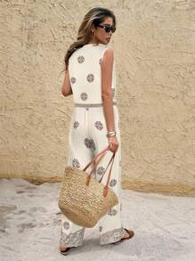 SHEIN Frenchy 2pcs Women Vacation Casual Printed Tank Top & Pants Set Brown Summer Casual Holiday Resort - Khaki - View 2