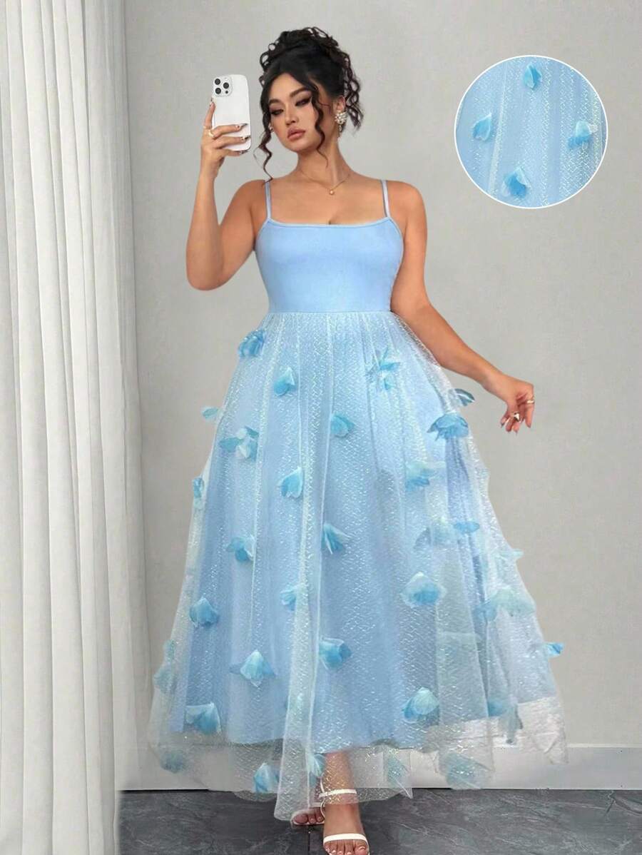 Elenzga Robe bleue à fleurs 3D en maille à bretelles pour grandes tailles, design élégant pour les sorties, les rendez-vous, les vacances, convient pour le printemps/l'été - Bleu azur - Voir 1