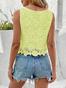 SHEIN PETITE Áo hai dây cổ tròn ren tan trong nước màu trơn thanh lịch dành cho nữ, mùa hè - Màu vàng - Xem 2