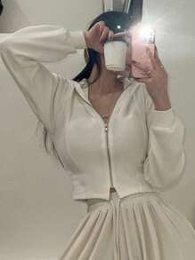 DAZY 街头休闲连帽卫衣，宽松收腰短款长袖上衣女装外套，秋季女装女式外套 - 白色 - 查看 3