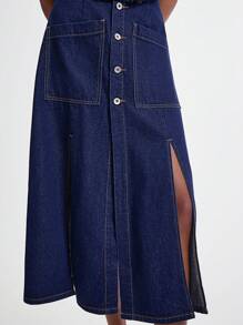 Women Casual Single Button Pocket Slit Denim Mini Skirt - Dark Wash - View 5