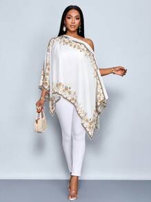 SOLERSUN 女士印花不对称肩部不对称剪裁衬衫秋季衬衫上衣秋冬感恩节返校教师装