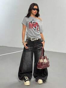 Teen Girl Letter & Butterfly Print Off Shoulder Short Sleeve Drawstring Casual T-Shirt - Khaki - View 5