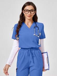 TaskEZ Scrub Uniform Set With Solid V-Neck Short Sleeve Top And Pockets Pants - Lake Blue - View 7