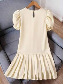 Tween Girl Elegant Solid Color 3D Flower Decor Puff Sleeve Dress, Summer, Filipiniana Terno - White - View 2