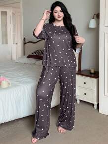 Dazy Plus 心形印花宽松短袖 T 恤和松紧腰裤套装、家居服和睡衣套装 - 棕色 - 查看 3