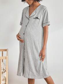 Moonlight&Mama Contrast Color Collar Single-Breasted Casual Velvet Short Sleeve Maternity Home Outfit Set - Light Grey - View 2