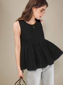 Muvela Blusa elegante da donna con scollo rotondo, volant e orlo senza maniche, bianca tinta unita, top estivo elegante per signore