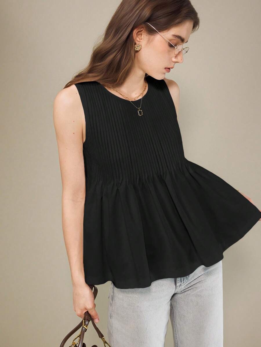 Muvela Blusa elegante da donna con scollo rotondo, volant e orlo senza maniche, bianca tinta unita, top estivo elegante per signore