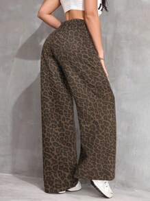 SHEIN 少女复古 90 年代豹纹宽松口袋休闲低腰牛仔裤，百搭牛仔阔腿牛仔裤 Y2k，女童教师装，女童返校装，教堂礼服，女童商务休闲装，工装牛仔连衣裙，女童秋冬宽松裤