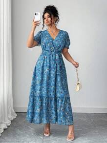 Elenzga Plus Size Women Chiffon Floral Print V-Neck Flutter Sleeve Ruffle Waist Tie Elegant Summer Dress - Multicolor - View 5