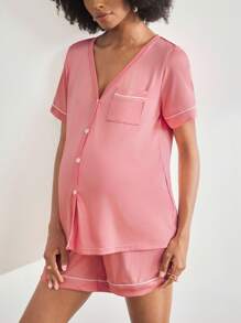 2 Packs Maternity Short Sleeve Nursing Pajama Set With Button ,Lounge Set Fashion Sleepwear - Pink - View 4