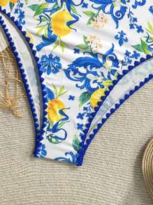 Soleia Women's Modest Vacation Cute Flounce Lemon Print Cap Sleeve One-Piece Swimsuit Lemon Print Swimsuit Floral Print Swimsuit Summer Swimsuit One Piece Swimsuit - Multicolor - View 3