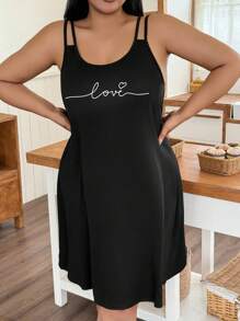SHEIN Plus Size Casual Letter Print Sleeveless Nightgown - Black - View 5