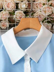 SHEIN Plus Size Casual Loose Sleeveless Blouse, Simple Contrast Color, Suitable For Daily Office Wear - Baby Blue - View 4