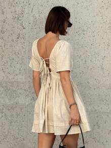 Siren Gaze Women Cotton Square Neck V-Back Tie Waist Dress Babydoll Dress Beige Dress Cream Dress Short Dress 100%Cotton Summer Casual - Apricot - View 6