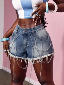 Slaydiva Sexiga denimshorts med grova kedjor och fransad fåll för kvinnor - Blå - Visa 5