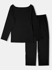 INAWLY 2 件套女士纯色圆领长袖上衣和抽绳口袋裤休闲家居服 - 黑色 - 查看 2