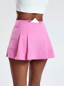 SHEIN Cheerettes 折叠设计运动短裙，带后袋运动裙 - 粉色 - 查看 2