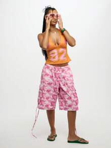 SUMWON WOMEN Top halter tipo jersey de básquetbol premium con estampado de número para festivales, conciertos, clubes y uso urbano en verano - Naranja - Ver 4