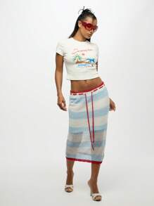 SUMWON WOMEN Áo thun crop top họa tiết Hawaii mùa hè cho bé Y2K thời trang bãi biển cây cọ sóng biển đảo in họa tiết thường ngày - trắng - Xem 4