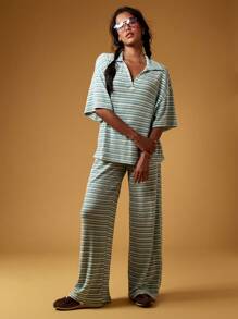 MISSGUIDED Conjunto de ropa de estar en casa de punto acanalado a rayas - Pantalón de pierna ancha + pijama - Ropa de estar en casa cómoda, coordinada para resort y vacaciones, atuendo casual