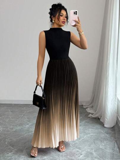 Elenzga Elegant Casual Sleeveless Black Patchwork Ombre Pleat Dress For Women