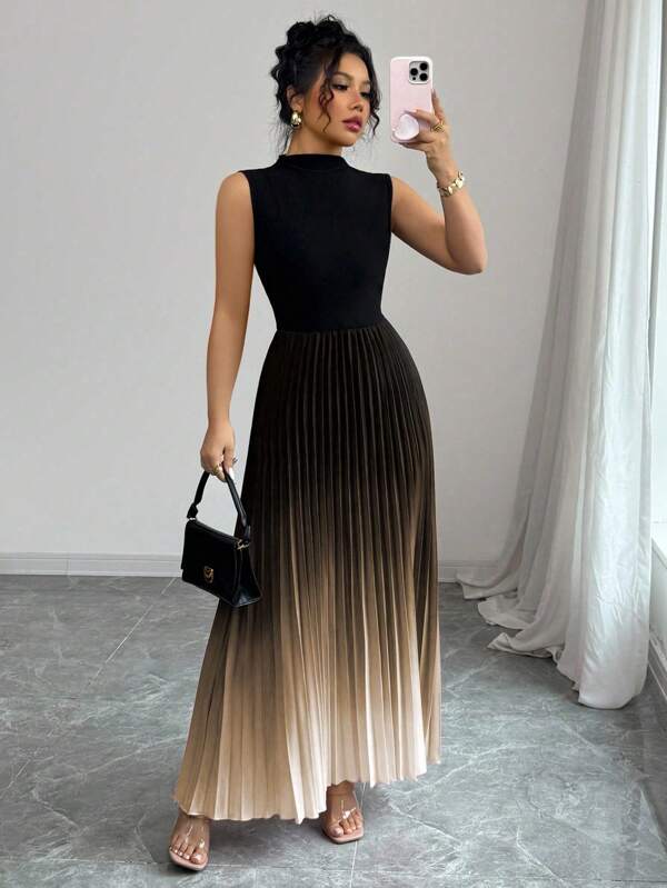 Elenzga Elegant Casual Sleeveless Black Patchwork Ombre Pleat Dress For Women