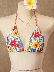 SHEIN Swim 女士夏季沙滩花卉印花吊带性感比基尼两件套泳衣套装，随机印花 - 彩色 - 查看 4